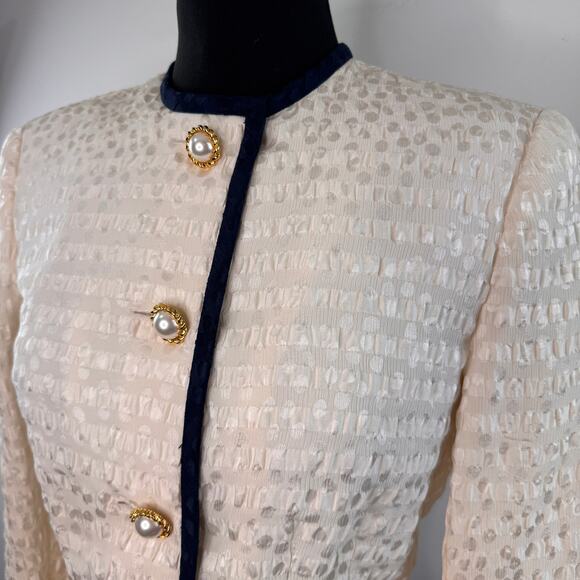 VTG Albert Nipon Cream Navy Crop Jacket Silk Polka Dot Striped Pearl Button Sz 4 - Picture 2 of 5